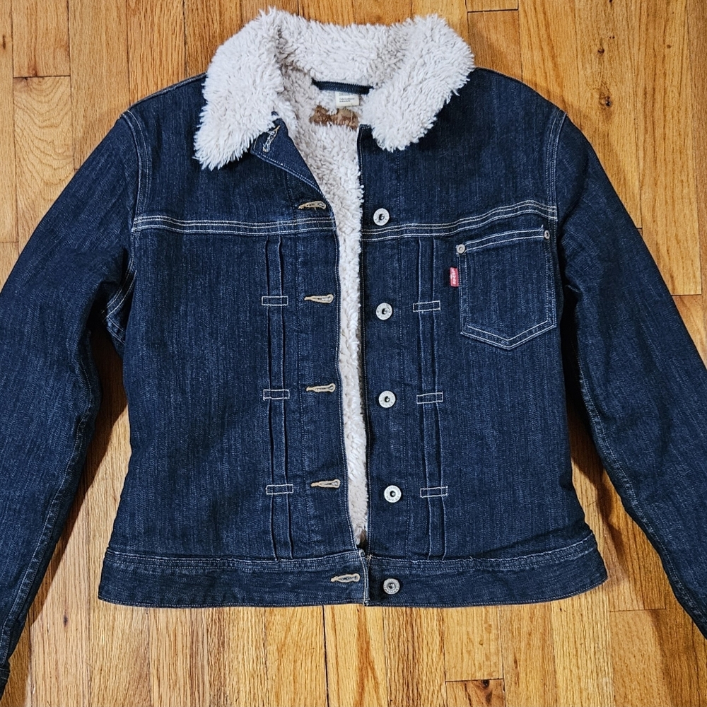 Levi's Dark Blue Jean Jacket with White Sherpa Collar